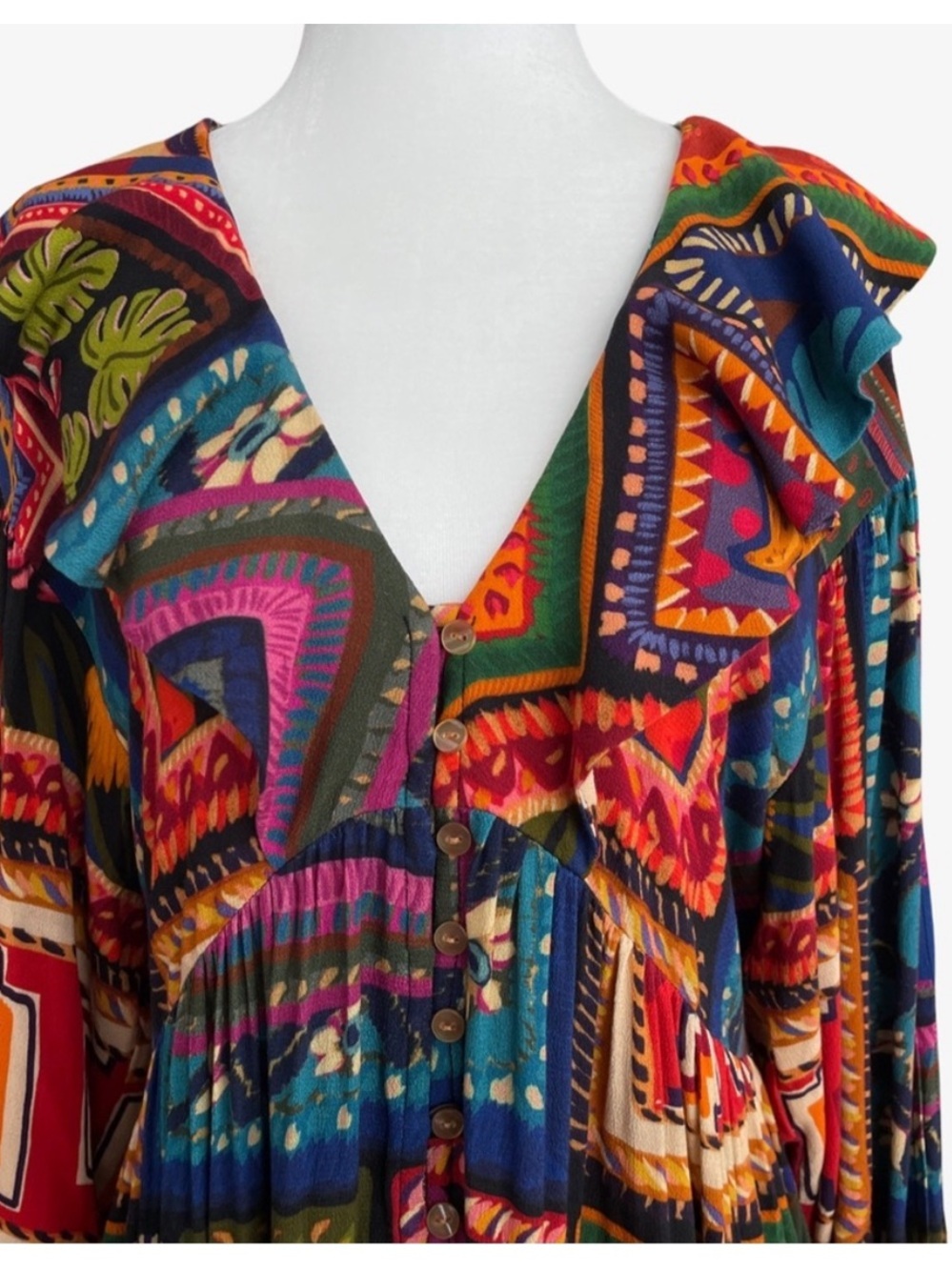 Farm Rio Patchwork Tapestry Ankle Maxi Dress Size L Ruffle Boho - Picture 9 of 16